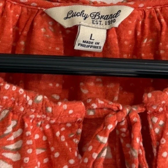 Lucky Brand Orange Medallion Print Split Tie Neck Peasant Blouse Top L - Picture 2 of 6